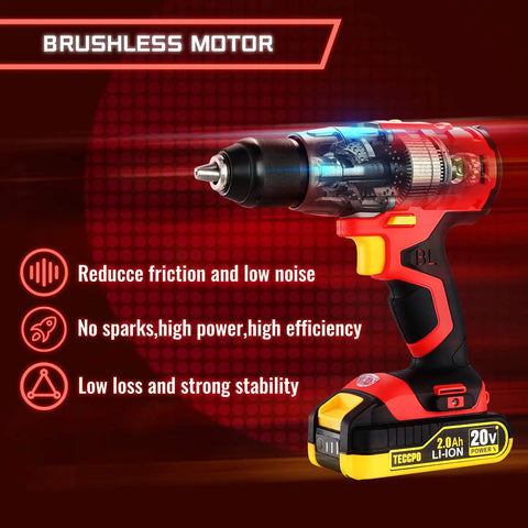 20V Brushless Cordless Drill Kit With Two Batteries, 530 Inch Lbs Torque, highlighting brushless motor efficiency and features