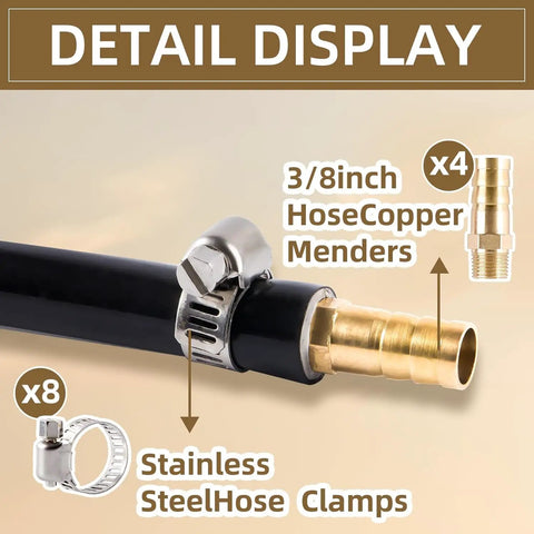 Three Eighth Inch Self Sinking Aeration Hose Kit with PVC hose, copper menders, and stainless steel clamps, close-up view.