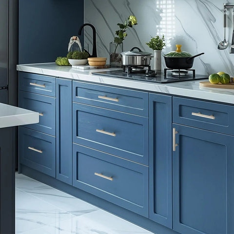 Modern kitchen with blue cabinets featuring Six Pack 5 Inch Cabinet Pulls With 3 Inch Hole Centers Stainless Steel Drawer Handles Brushed Nickel Finish