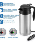 12V Car Kettle Boiler 650ml Travel Water Heater with Double Layer 304 Stainless Steel and DC 12V Charger displayed.