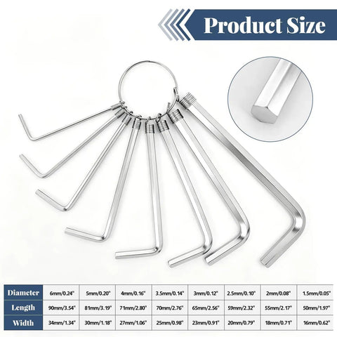 8 Piece Metric Allen Wrench Set With Key Ring For Easy On The Go Fixes, Chrome Vanadium Hex Keys 1.5mm To 6mm, product size chart