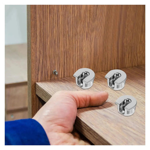 Cam Lock Pins Kit 10 Pcs Furniture Connecting Brackets for Cabinets and Wardrobes in use on wooden shelf
