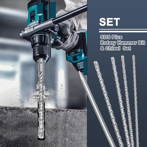 12 Piece SDS Plus Rotary Hammer Drill Bit And Chisel Set, 6 Inch Length in use drilling concrete wall