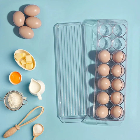 Clear Plastic Egg Storage Organizer With Lid, BPA Free PET 14-Egg Holder for fridge with eggs and baking ingredients