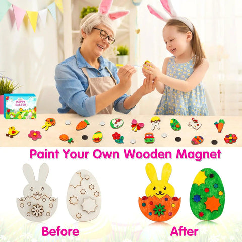 Kids Easter Craft Kit With 36 Wooden Magnets And 12 Colored Pens Totally Fun DIY Painting Set For Boys And Girls Ages 4 To 12 Includes Egg Bunny Chick Carrot Designs Perfect Party Favors Gifts And Keepsakes