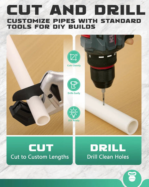 Close-up of 1/2 Inch PVC Pipe 6 Pack, 17 Inch Long Schedule 40 PVC Tubing being cut and drilled, ideal for DIY project builds.