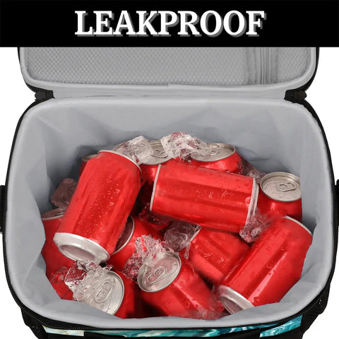 Insulated Picnic Backpack Lunch Bag For Women And Men, open showing red cans and ice, leakproof feature, large compartment, 12 x 8.7 x 10 inch