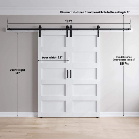 Front view of the Double 32x84 White Barn Door With 11ft Sliding Door Hardware Kit installed, showcasing 5 panel MDF slab in modern farmhouse style.