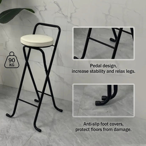 Foldable Metal Bar Stool 32 Inch Tall With Padded Seat, anti-slip foot covers, pedal design, for kitchen counter use.