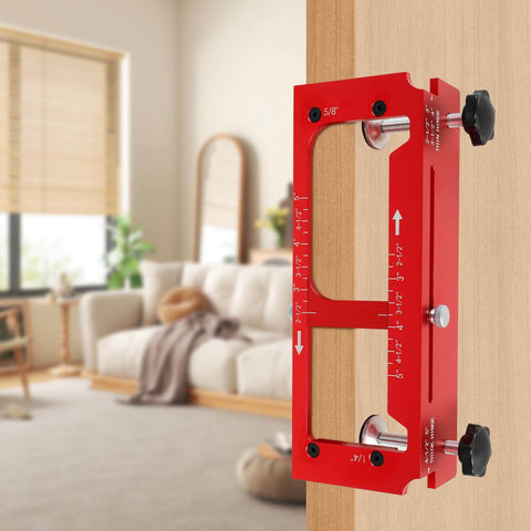 Door Hinge Jig Pro Grade Aluminum Alloy Mortiser Kit installed on wooden door, adjustable router template