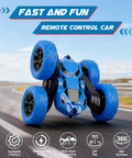2.4GHz RC Car With 360 Degree Double Sided Flips 4WD Off Road Dope Stunt Truck performing a flip, blue durable shell, outdoor setting
