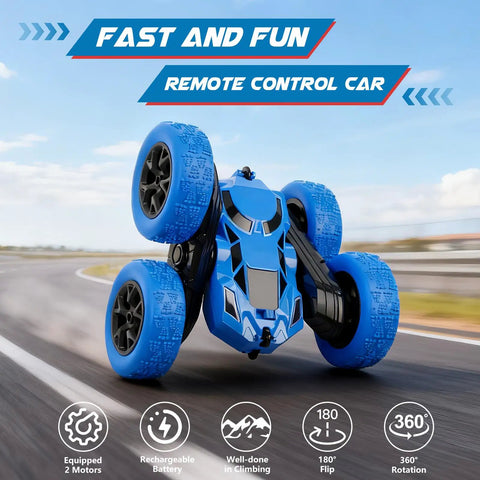 2.4GHz RC Car With 360 Degree Double Sided Flips 4WD Off Road Dope Stunt Truck performing a flip, blue durable shell, outdoor setting