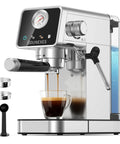 Real Deal 20 Bar Espresso Machine With Lightning Fast Milk Frother And Semi Automatic Setup featuring silver stainless steel design and touchscreen.