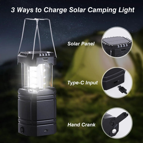 Hand Crank Solar Camping Lantern With 3000mAh Battery, USB Rechargeable, 23 To 26 Hour Run Time showing charging options