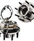 4x4 Front Wheel Bearing Hubs For Ford F-250 F-350 Super Duty 2005 To 2010 SRW With ABS Wheel Bearing And Hubs Assembly Replacement Beefy Direct Fit OE-Style Durable Steel Components showing two angles of hub assembly with ABS wiring