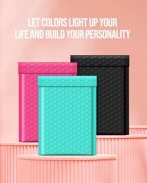 Black Bubble Mailers 4x8 Inches Self-Sealing Padded Envelopes shown with colorful options on display stand