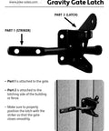 Self Latching Gravity Gate Latch installation guide showing parts and instructions for use and setup.