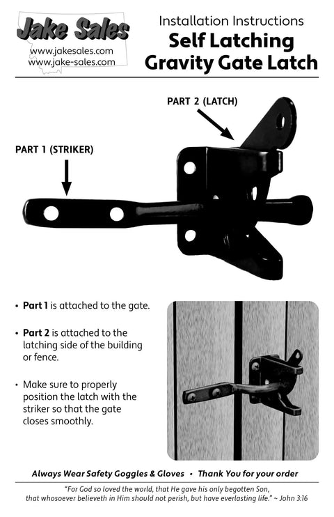 Self Latching Gravity Gate Latch installation guide showing parts and instructions for use and setup.