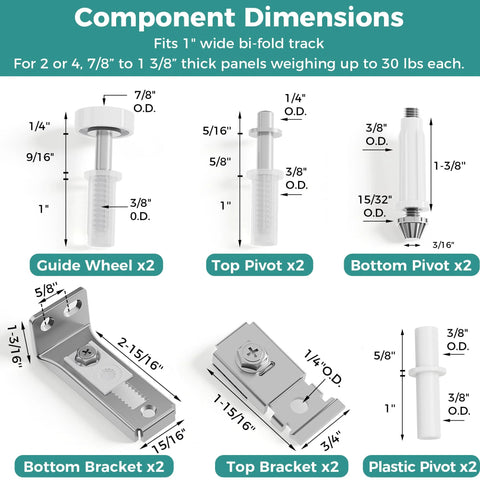 Diagram showing dimensions of parts in 12-Piece Bifold Door Hardware Kit For 1-Inch Track Replacement, including brackets and pivots.