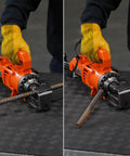 Benner Nawman Dc-20Wh Portable Heavy-Duty Rebar Cutter in use, cutting 3/4 inch steel rebar on a worktable.