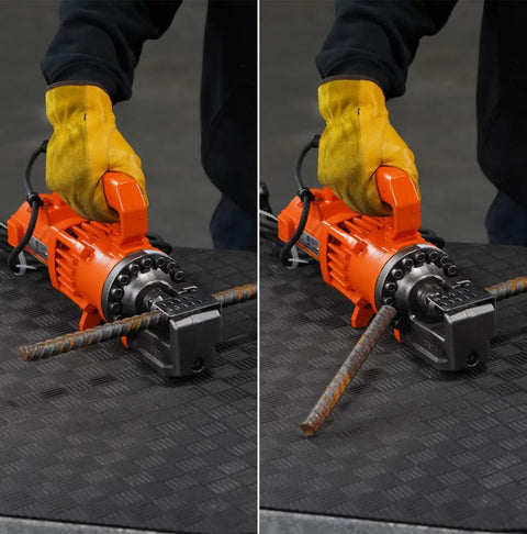 Benner Nawman Dc-20Wh Portable Heavy-Duty Rebar Cutter in use, cutting 3/4 inch steel rebar on a worktable.