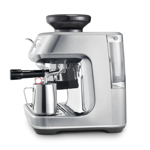 Certified Remanufactured Automatic Espresso Machine With Built In Grinder And Steam Wand, sleek silver design with milk frother.