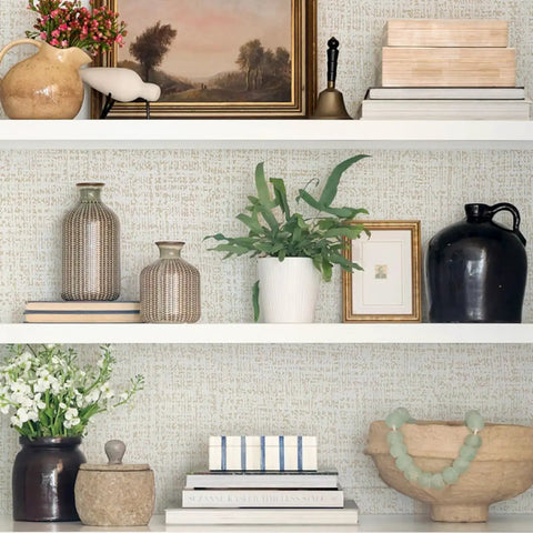 Shelves with decor items against Beige Grasscloth Peel And Stick Wallpaper Self Adhesive Vinyl For Walls 17.7 X 118.1 Inches Textured Faux Linen Look Removable Wall Covering Durable Vinyl Easy Install No Fuss Decorating.
