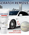Scratch Remover For Cars Quick Fix Kit With Nano Sparkle Cloth 60g tube in front of a white car showing scratch removal effect.