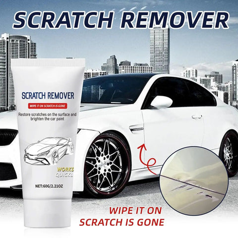 Scratch Remover For Cars Quick Fix Kit With Nano Sparkle Cloth 60g tube in front of a white car showing scratch removal effect.