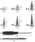 Kicking Dope Badass Silver Zinc Alloy Spikes And Mixed Shape Studded Screwback Rivets 70 Piece Set showing various spike sizes with attached tools.