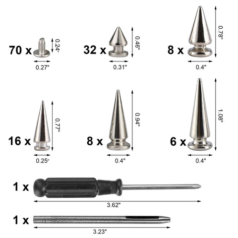 Kicking Dope Badass Silver Zinc Alloy Spikes And Mixed Shape Studded Screwback Rivets 70 Piece Set showing various spike sizes with attached tools.