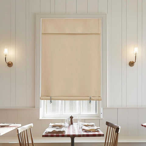 Sidelight Blackout Curtains For Doors Farmhouse Self Stick Window Blinds No Rod Needed Light Blocking Insulating Curtain For Baby Nursery And Kitchen W36 X L72 Inches 1 Piece Biscotti Beige installed in a dining area.