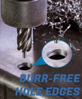 Lichamp annular cutter set in magnetic drill setup cutting hard steel; burr-free hole edges