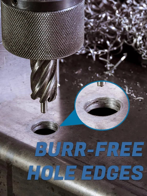 Lichamp annular cutter set in magnetic drill setup cutting hard steel; burr-free hole edges