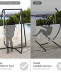 Comparison of patio swing chairs with stands; left shows beige swing with a stable base, right shows less stable alternative.
