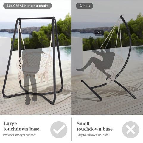 Comparison of patio swing chairs with stands; left shows beige swing with a stable base, right shows less stable alternative.