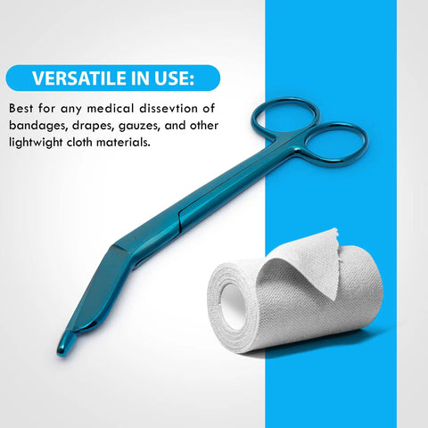 Go-To Bandage Scissors For First Aid Safety Trauma Shears 5.5 Inch Stainless Steel Durable Rust-Free Medical Cutters For Home Nursing, Easy-Cut Ergonomic Design, Professional Quality, Sharp Blades, Ready For Quick Bandage Work. Blue bandage scissors with rolled gauze