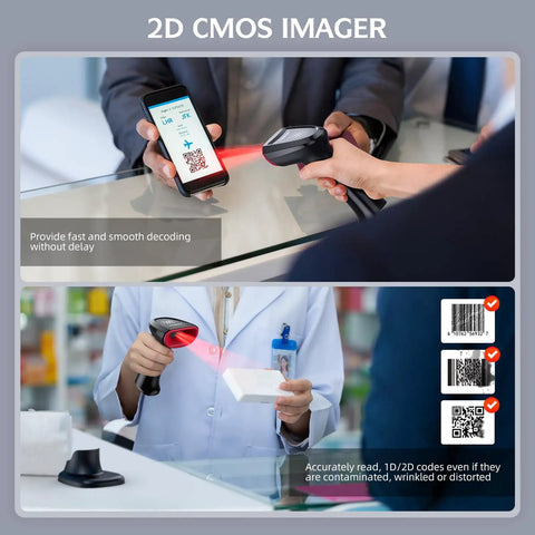 2D Bluetooth Barcode Scanner With USB Cradle And Auto Switching Modes For Hands Free Presentation And Quick Handheld Trigger Scanning No Fuss in use for scanning codes on phone and box