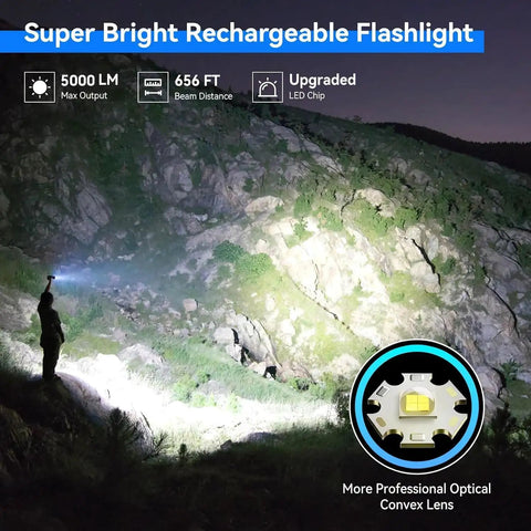 Person in dark using two-pack rechargeable LED tactical flashlights ultra bright 5000 lumens, beam lighting mountain terrain.