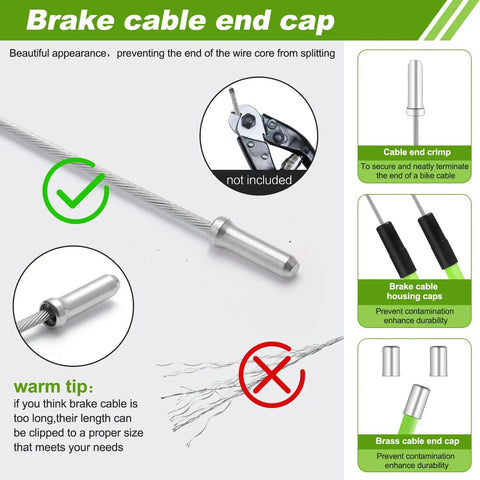 Durable BMX Gyro Brake Cable Set with end cap close-up, showing crimping tool, housing caps, and materials for 20 inch bikes.