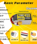 R-Line Version 5.0 6S 22.2V 150C 1400mAh LiPo Battery Pack With XT60 Plug basic parameters chart for RC cars and drones