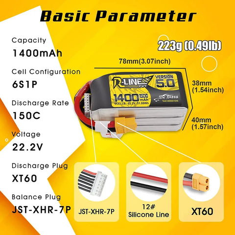 R-Line Version 5.0 6S 22.2V 150C 1400mAh LiPo Battery Pack With XT60 Plug basic parameters chart for RC cars and drones