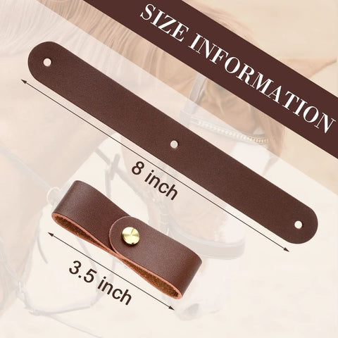 Six Piece Breakaway Halter Replacement Straps For Horses Leather Brown, showing 8 inch and 3.5 inch strap sizes with gold screws