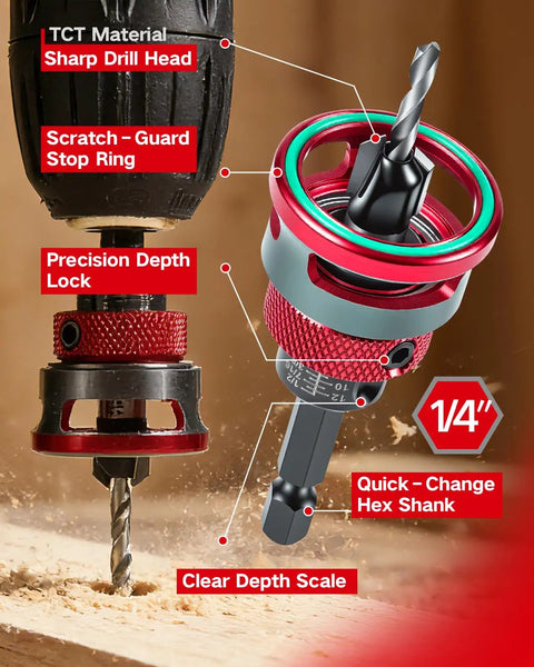 9 Piece Countersink Drill Bits Set With 82 Degree Countersinks, 5 Two Flute TCT Alloy Tapered Bits And Adjustable Depth Stop Collar