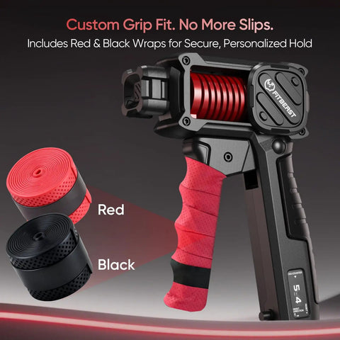 Grip Strength Trainer With Built-In Counter And Oversized Ergonomic Handle, adjustable hand gripper with red and black wraps