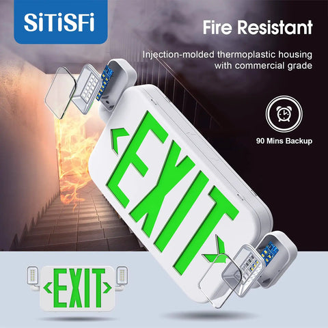 LED Combo Emergency Exit Sign With Two Adjustable Heads And Backup Battery 120 277V UL 924 Listed Green Letter Commercial Grade