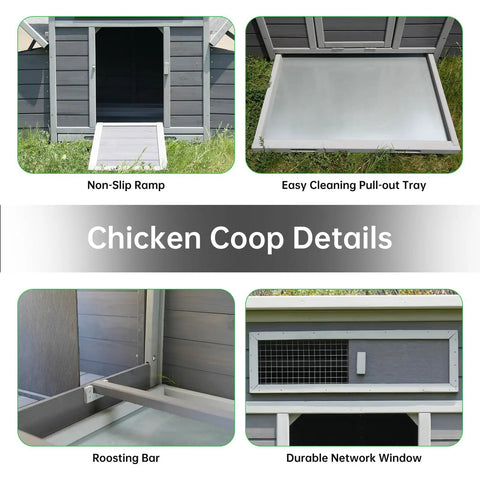 Details of a Sturdy Large Wooden Chicken Coop With Weatherproof Exterior And Six Nesting Boxes, including ramp, tray, bar, window.