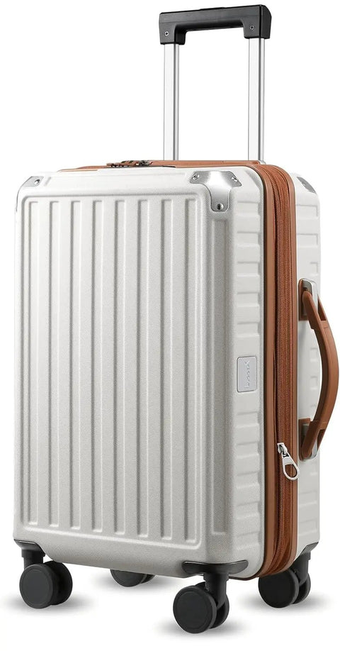 Expandable Carry On Luggage 22x14x9 Inches With Spinner Wheels 20 Inch Hard Shell Suitcase In White Brown Airline Approved