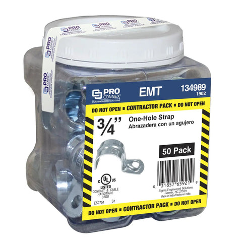 Container of ProConnex 1902 EMT One Hole Strap Three Quarter Inch 50 Pack Gray Easy Snap On Installation