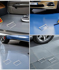 Four images of Six Pack 4 Inch Heavy Duty Stainless Steel Wire Lock Hitch Pin on various garage floors, with cars and shoes visible.